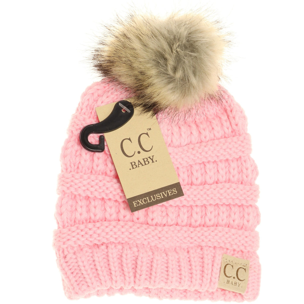 Skinny Stripe Faux Fur Pom-Pom Beanie in Juicy Fruit Baby/Youth