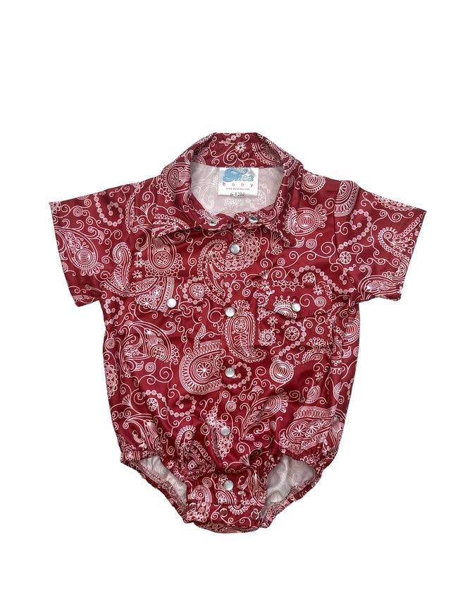 Maroon Paisley SS Pearl Snap Onesie, Size 0-18M