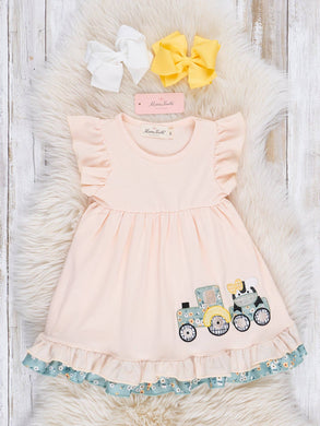 Peach Embroidered Cow Tractor Dress