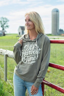 Western 'It's Harvest Time' Olive Graphic Women's Hoodie