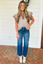 Khaki Stripe Double Ruffled Short Sleeve V Neck Blouse