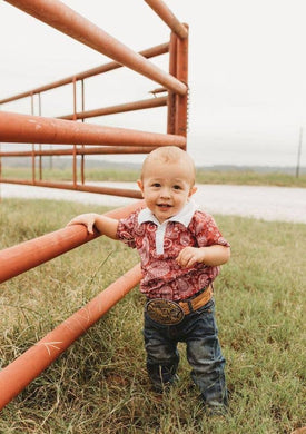 Maroon Paisley SS Polo Onesie, Size 0-18M