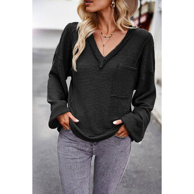 Solid Knit Pocket V Neck Loose Fit Top