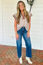 Khaki Stripe Double Ruffled Short Sleeve V Neck Blouse