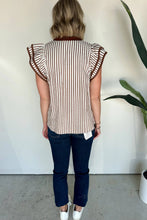 Khaki Stripe Double Ruffled Short Sleeve V Neck Blouse