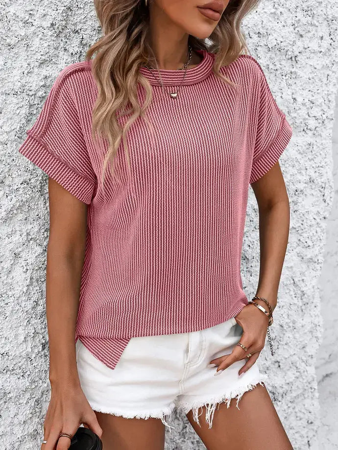 Backstitch Stripe Knit Short-Sleeve Casual T-Shirt
