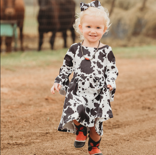 Black Cowprint Bell Sleeve Dress, 0-5T