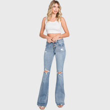 P586MF-MD MID RISE STRETCH FLARE JEANWITH FRAYED TROUSER HEM